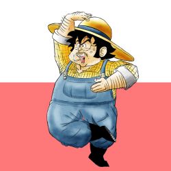 Rule 34 | 1boy, arm hair, arm up, black footwear, black hair, blue overalls, boots, cigarette, collared shirt, commentary, dragon ball, dragonball z, facial hair, farmer, farmer (dragon ball), glasses, hat, highres, leg up, looking to the side, male focus, mustache, official style, open mouth, overalls, plaid, plaid shirt, red background, shirt, simple background, smoking, solo, straw hat, stubble, sweatdrop, v-shaped eyebrows, white background, whoapizzas, wing collar, yellow shirt