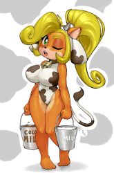 Rule 34 | 1girl, activision, animal print, barefoot, blonde hair, breasts, cameltoe, coco bandicoot, colored skin, cow horns, cow print, crash bandicoot (series), furry, green eyes, highres, horns, large breasts, mario grant, milk, one-piece swimsuit, orange skin, ponytail, swimsuit