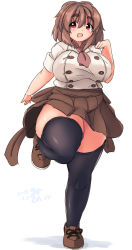 Rule 34 | 1girl, :d, black thighhighs, blush, breasts, brown hair, chef, eno konoe, eyebrows, fat, female focus, large breasts, looking at viewer, messy hair, mikomu, neckerchief, open mouth, original, plump, red eyes, running, shirt, smile, solo, tareme, taut clothes, taut shirt, thick eyebrows, thick thighs, thighhighs, thighs, wide hips, zettai ryouiki