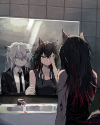 Rule 34 | 2girls, animal ears, arknights, bathroom, black hair, black tank top, blood, different reflection, formal, hair ornament, hair over one eye, hairclip, highres, holding another&#039;s arm, lappland (arknights), long hair, material growth, mirror, multiple girls, nail polish, necktie, oripathy lesion (arknights), red medicine, reflection, suit, tail, tank top, texas (arknights), white hair, wolf ears, wolf girl