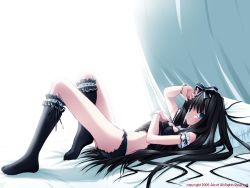 Rule 34 | 1girl, bed, bed sheet, black hair, black panties, blue eyes, bow, breasts, curtains, female focus, goth fashion, gothic fashion, hair bow, hand above head, highres, lingerie, long hair, lying, maya (triptych), nimura yuushi, on back, on bed, panties, pillow, sideways glance, small breasts, solo, triptych, underwear, underwear only, very long hair