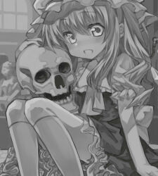 Rule 34 | 1girl, ascot, back bow, bow, collared shirt, denchu (kazudentyu), feet out of frame, flandre scarlet, frilled shirt collar, frilled skirt, frilled sleeves, frills, hair between eyes, hat, hat ribbon, highres, holding, holding skull, kneehighs, long hair, looking at viewer, making-of, mob cap, open mouth, puffy short sleeves, puffy sleeves, ribbon, shirt, short sleeves, skirt, skull, socks, solo, touhou, vest