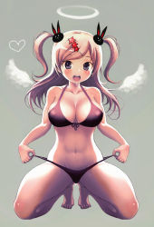 Rule 34 | 1girl, :o, angel, angel wings, bad id, bad pixiv id, bare legs, bare shoulders, barefoot, bikini, bikini top lift, black bikini, black eyes, blonde hair, blush, breasts, cleavage, clothes lift, collarbone, front-tie top, full body, grey background, hair ornament, hairclip, halo, highres, hiro1984, kneeling, large breasts, long hair, looking at viewer, navel, open mouth, original, rabbit hair ornament, simple background, solo, squatting, star (symbol), star hair ornament, sweat, swimsuit, two side up, wings