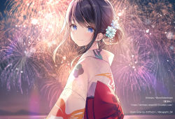 Rule 34 | 1girl, aerial fireworks, album cover, black hair, blue eyes, blue flower, blush, bow, closed mouth, commentary request, cover, crying, crying with eyes open, fireworks, flower, from side, hair bun, hair flower, hair ornament, japanese clothes, kagachi saku, kimono, looking at viewer, looking to the side, night, obi, original, outdoors, print kimono, red bow, sash, single hair bun, smile, solo, tears, twitter username, upper body, watermark, web address, white kimono