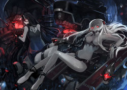Rule 34 | 10s, 2girls, abyssal ship, airfield princess, battleship princess, black dress, black hair, bodysuit, boots, demon girl, dress, gloves, glowing, glowing eyes, ha-class destroyer, hair ornament, hairclip, highres, horns, i-class destroyer, kantai collection, legs, long hair, looking at viewer, lying, multiple girls, on back, pale skin, personification, reclining, red eyes, saberiii, short dress, silver hair, sitting, skin-covered horns, tattoo, underwater, very long hair