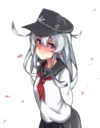 Rule 34 | 10s, 1girl, arms behind back, bad id, bad pixiv id, blue eyes, blue hair, blush, cherry blossoms, hat, hibiki (kancolle), kantai collection, long hair, looking at viewer, matching hair/eyes, pleated skirt, school uniform, serafuku, simple background, skirt, solo, white background, wulazula