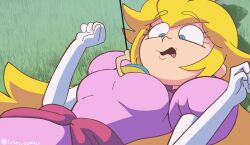 Rule 34 | 1girl, animated, animated gif, blonde hair, blue eyes, breasts, breasts apart, breasts out, bursting breasts, dress, earrings, egoraptor (style), gloves, grass, highres, inker comics, jewelry, long hair, looking down, lying, mario (series), nintendo, nipples, on back, outdoors, pink dress, princess, princess peach, solo, tight clothes, tight dress, torn clothes, white gloves