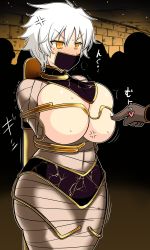 Rule 34 | 1girl, absurdres, anger vein, arms behind back, blush, breast poke, breasts, covered mouth, egyptian clothes, embarrassed, gag, gagged, highres, huge breasts, improvised gag, legs, miyabi (senran kagura), motion lines, mummification, orange eyes, out of frame, poking, rebake, restrained, revealing clothes, senran kagura, short hair, simple background, sound effects, standing, sweat, tape, tape gag, thighs, v-shaped eyebrows, white hair