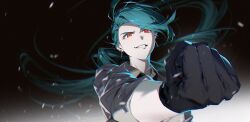 Rule 34 | 1girl, androgynous, aqua hair, black background, black gloves, clenched hand, collared shirt, creatures (company), ear piercing, earrings, floating hair, foreshortening, game freak, gcckg, gloves, gradient background, grey shirt, grin, highres, jewelry, long hair, looking at viewer, low ponytail, nintendo, outstretched arm, piercing, pokemon, pokemon sv, ponytail, red eyes, reverse trap, rika (pokemon), shirt, simple background, smile, solo, swept bangs, upper body, v-shaped eyebrows