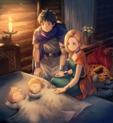 Rule 34 | 2boys, 2girls, anbe yoshirou, bed, belt, bianca (dq5), black hair, blonde hair, blue eyes, borongo, braid, breasts, cape, choker, cleavage, couple, dragon quest, dragon quest v, earrings, father and daughter, father and son, hair over shoulder, hero&#039;s daughter (dq5), hero&#039;s son (dq5), hero (dq5), highres, jewelry, large breasts, long hair, looking at another, low ponytail, mother and daughter, mother and son, multiple boys, multiple girls, on bed, orange cape, purple cape, ring, siblings, single braid, sitting, sleeping, smile, twins