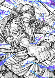 Rule 34 | 1boy, absurdres, bandana, commentary request, highres, holding, holding sword, holding weapon, japanese clothes, katana, male focus, monochrome, mouth hold, multiple heads, one eye closed, one piece, roronoa zoro, satomaru31000, scar, scar across eye, scar on chest, scar on face, short hair, solo, spot color, sword, teeth, triple wielding, weapon