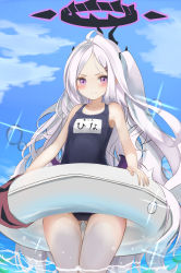 Rule 34 | 1girl, 3:, absurdres, blue archive, blue one-piece swimsuit, blue sky, cloud, cloudy sky, commentary request, demon girl, demon horns, demon wings, hair ornament, hairclip, halo, highres, hina (blue archive), hina (swimsuit) (blue archive), holding, horns, innertube, lifebuoy, long hair, looking at viewer, micchamu, name tag, old, old woman, one-piece swimsuit, purple eyes, sidelocks, sky, solo, swim ring, swimsuit, translation request, whistle, whistle around neck, white hair, wings