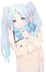 Rule 34 | 1girl, blue scarf, coat, commentary request, cowboy shot, crossed arms, earrings, elf, frieren, green eyes, highres, jewelry, long hair, long sleeves, looking at viewer, parted bangs, pointy ears, puckered lips, scarf, short eyebrows, simple background, solo, sousou no frieren, standing, thick eyebrows, twintails, valentine (02140314c), white background, white hair, winter clothes, winter coat