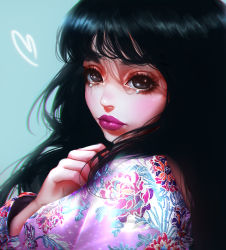Rule 34 | 1girl, black hair, character request, chromatic aberration, closed mouth, commentary request, highres, lips, long hair, long sleeves, looking at viewer, pouty lips, purple lips, rena illusion, shingeki no kyojin, solo, sparkle, teardrop