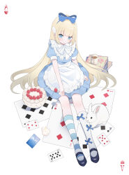 Rule 34 | 1girl, absurdres, ace (playing card), ace of hearts, alice (alice in wonderland), alice in wonderland, animal, apron, asymmetrical legwear, black footwear, blonde hair, blue bow, blue dress, blue eyes, blue ribbon, blue socks, book, book stack, bow, bow legwear, cake, candle, card, coffee mug, cup, dress, food, fork, frilled apron, frilled shirt collar, frills, fruit, full body, hair ribbon, heart, highres, holding, holding fork, kneehighs, kotoruri, long hair, looking at viewer, mary janes, mismatched legwear, mug, neck ribbon, parted lips, playing card, puffy short sleeves, puffy sleeves, rabbit, ribbon, shoes, short dress, short sleeves, simple background, sitting, socks, solo, strawberry, strawberry cake, striped clothes, striped socks, very long hair, waist apron, white apron, white background, white rabbit (animal), white ribbon, white socks