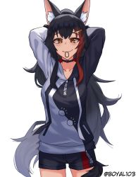 Rule 34 | 1girl, animal ear fluff, animal ears, black choker, black hair, black hoodie, black shorts, boyal, breasts, choker, closed mouth, hair between eyes, hair ornament, hair tie in mouth, highres, hololive, hood, hoodie, long hair, long sleeves, mouth hold, multicolored hair, ookami mio, ookami mio (casual), paw print, paw print pattern, short shorts, shorts, signature, smile, solo, streaked hair, tail, tail wrap, two-tone hair, two-tone sweater, tying hair, very long hair, virtual youtuber, white background, white hoodie, wolf ears, wolf girl, wolf tail, yellow eyes