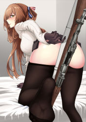 Rule 34 | 1girl, ass, battle rifle, bed, black gloves, black pantyhose, black skirt, blush, bolt action, breasts, clothes lift, clothes pull, feet out of frame, girls&#039; frontline, gloves, green eyes, gun, hair ribbon, highres, leaning forward, long hair, looking back, m1903 springfield, medium breasts, nakiusagi, no panties, official alternate costume, open mouth, orange hair, pantyhose, pantyhose pull, ribbon, rifle, room, sideboob, simple background, skirt, skirt lift, smile, soles, solo, springfield (girls&#039; frontline), springfield (o holy night) (girls&#039; frontline), standing, sweater, weapon, white sweater