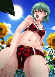 Rule 34 | 1girl, bare shoulders, blue sky, bow, bra, cloud, collarbone, day, earrings, fangs, flower, green hair, highres, himegami shino, honey, jewelry, kazami yuuka, nail polish, navel, open mouth, panties, peeing, plaid, plaid bra, plaid panties, red eyes, short hair, sky, solo, stomach, suggestive fluid, sun, sunflower, sunlight, sweat, tongue, tongue out, touhou, underwear, underwear only
