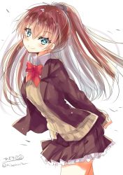 Rule 34 | 1girl, blue eyes, blush, breasts, brown hair, brown jacket, brown skirt, cardigan, hair between eyes, highres, hizaka, jacket, kantai collection, kumano (kancolle), long hair, long sleeves, looking at viewer, multiple girls, one-hour drawing challenge, open clothes, pleated skirt, ponytail, school uniform, simple background, skirt, smile, solo, twitter username, white background