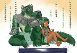Rule 34 | 1girl, barefoot, bracelet, breasts, chinese text, controller, dark skin, dual persona, genderswap, genderswap (mtf), green hair, hairband, handheld game console, jewelry, league of legends, long hair, medium breasts, musical note, nam (valckiry), nintendo ds, paradox (hatto air), personification, ponytail, quaver, remote control, renekton, spoken musical note, television, translation request, underboob, yellow eyes