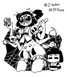 Rule 34 | 1girl, 1other, angelo&#039;s world, arthropod girl, bob cut, bow, commentary, cup, cupcake, english commentary, extra eyes, flat chest, flying sweatdrops, food, food on face, frisk (undertale), greyscale, hair bow, highres, holding, hot dog, inktober, insect girl, jumpsuit, monochrome, muffet, pinching, puffy short sleeves, puffy sleeves, saucer, shirt, short sleeves, silk, spider girl, spider web, striped clothes, striped shirt, surprised, sweat, teacup, teapot, two side up, undertale