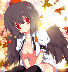 Rule 34 | 1girl, bad id, bad pixiv id, black wings, breasts, cleavage, female focus, hat, head tilt, kurokawa izumi, large breasts, looking at viewer, open clothes, open shirt, parted lips, red eyes, shameimaru aya, shirt, solo, thighhighs, touhou, wings