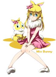 1girl animal_ears bambi_(movie) blonde_hair blue_eyes dress dual_persona full_body humanization miss_bunny open_mouth pink_dress rabbit rabbit_ears rabbit_girl rabbit_tail shirt short_hair skirt tail trudy0816 twintails