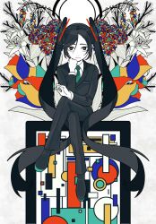 Rule 34 | 1girl, abstract, asymmetrical bangs, bad id, bad twitter id, black eyes, black footwear, black hair, black pants, black suit, blue pupils, bouquet, branch, clenched hand, collared shirt, commentary, crossed legs, dress shoes, expressionless, flower, formal, green necktie, green pupils, hair ornament, hairclip, halftone, hand on own chin, hatsune miku, highres, leaf, looking at viewer, machigami yoh, multicolored eyes, multicolored flower, necktie, pale skin, pants, parted bangs, red headwear, red pupils, shirt, sitting, sitting on object, solo, suit, swept bangs, symmetry, thick eyebrows, twintails, vocaloid, white background, white flower, white shirt, yellow pupils