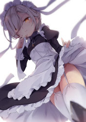 Rule 34 | 1girl, apron, azur lane, black dress, chain, clothes lift, collar, commentary request, dress, dress lift, frilled apron, frills, from below, garter belt, garter straps, hair over one eye, highres, kedama milk, lifted by self, long sleeves, looking at viewer, looking down, maid, maid apron, maid headdress, no panties, platinum blonde hair, ribbon, sheffield (azur lane), short hair, simple background, smile, solo, thighhighs, white apron, white background, white ribbon, white thighhighs, yellow eyes