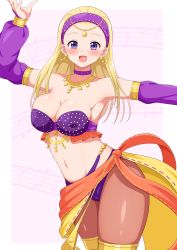 Rule 34 | 1girl, absurdres, aikome (haikome), armpits, blonde hair, bra, breasts, cleavage, dancer, detached sleeves, dragon quest, dragon quest xi, hairband, highres, large breasts, long hair, looking at viewer, navel, no bangs, open mouth, orange sarong, pantyhose, purple bra, purple eyes, purple hairband, purple sleeves, sarong, senya (dq11), smile, solo, strapless, strapless bra, underwear