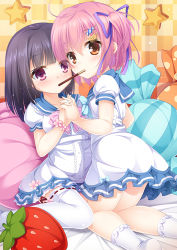Rule 34 | 2girls, bed sheet, black hair, blue bow, blunt bangs, blush, bobby socks, bow, candy hair ornament, checkered background, collarbone, commentary request, dress, flower bracelet, food, food-themed hair ornament, hair between eyes, hair ornament, hair ribbon, holding hands, interlocked fingers, kneeling, looking at viewer, looking back, multiple girls, no shoes, on bed, orange hair, original, pillow, pink bow, pink eyes, pink hair, pocky, pocky kiss, polka dot pillow, puffy short sleeves, puffy sleeves, purple ribbon, red ribbon, ribbon, ribbon-trimmed legwear, ribbon trim, sailor dress, sekine irie, shared food, short sleeves, socks, star (symbol), striped pillow, tareme, thighhighs, two side up, white bow, white dress, white legwear, yuri