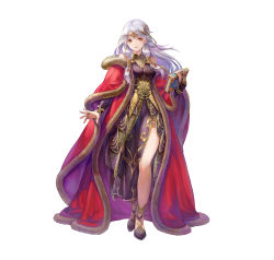 Rule 34 | 1girl, absurdres, bare shoulders, book, breasts, brown eyes, commentary, dress, fingernails, fire emblem, fire emblem: radiant dawn, fire emblem heroes, full body, fur trim, haccan, hair ornament, highres, holding, holding book, jewelry, long hair, long sleeves, looking at viewer, medium breasts, micaiah (fire emblem), nintendo, official art, parted lips, purple dress, side slit, silver hair, simple background, smile, solo, standing, thigh strap, thighs, tiara, white background