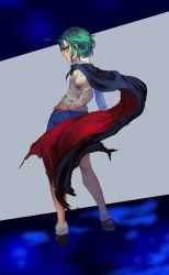 Rule 34 | 1girl, antennae, black footwear, blue cape, blue skirt, cape, contrapposto, green eyes, green hair, grey background, hand on own hip, highres, inishie kumo, juliet sleeves, long sleeves, looking at viewer, looking back, multicolored cape, multicolored clothes, parted lips, puffy sleeves, red cape, shirt, shoes, short hair, skirt, socks, solo, standing, touhou, white shirt, white socks, wriggle nightbug