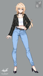 Rule 34 | 1girl, belt, black jacket, blonde hair, blue eyes, choker, collarbone, contrapposto, denim, full body, grey background, hand on own hip, high heels, highres, jacket, jeans, leather, leather jacket, linghuncuoluan, long hair, midriff, navel, open clothes, open jacket, original, pants, solo, standing