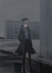 Rule 34 | 1girl, beret, black footwear, black hat, black jacket, black pantyhose, black skirt, braid, bucket, building, chihuri, closed mouth, cloud, cloudy sky, collared shirt, day, dress shirt, eve (chihuri), grey eyes, grey hair, grey shirt, hands in pockets, hat, heterochromia, highres, hood, hood down, hooded jacket, jacket, loafers, long hair, long sleeves, looking at viewer, open clothes, open jacket, original, outdoors, overcast, pantyhose, puddle, red eyes, shirt, shoes, skirt, sky, solo, standing, very long hair, water