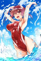 Rule 34 | 1girl, absurdres, aiuti, blue sky, breasts, unworn clothes, cloud, commentary request, competition swimsuit, cowboy shot, hair ribbon, highres, hololive, houshou marine, huge filesize, long hair, looking at viewer, medium breasts, one-piece swimsuit, one eye closed, red eyes, red hair, red ribbon, red one-piece swimsuit, ribbon, sky, solo, splashing, standing, swimsuit, twintails, twitter username, virtual youtuber, water, wet, wet clothes, wet swimsuit