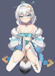 Rule 34 | 1girl, bare shoulders, blue background, blue choker, blue dress, blue eyes, blush, bow choker, breasts, breasts out, choker, closed mouth, collarbone, dress, flower, full body, gluteal fold, hair between eyes, hair flower, hair ornament, hairpin, highres, honkai (series), honkai impact 3rd, kneeling, looking at viewer, medium hair, nipples, simple background, small breasts, solo, tama (tamatamo), theresa apocalypse, thighhighs, white hair, white thighhighs