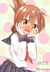 Rule 34 | 10s, 1girl, artist name, blush, brown eyes, brown hair, embarrassed, folded ponytail, hands on own face, inazuma (kancolle), kamino miya, kantai collection, long sleeves, neckerchief, nose blush, open mouth, pleated skirt, polka dot, polka dot background, sailor collar, school uniform, shirt, skirt, solo, twitter username, wavy mouth