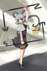Rule 34 | 1girl, animal ears, basket, capelet, dowsing rod, female focus, grey hair, hirosato, jewelry, looking at viewer, mouse (animal), mouse ears, mouse tail, nazrin, pendant, red eyes, seductive smile, short hair, smile, solo, standing, tail, touhou