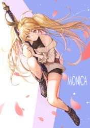 Rule 34 | 1girl, ahoge, bare shoulders, black footwear, blonde hair, character name, closed mouth, full body, granblue fantasy, holding, holding sword, holding weapon, layered clothes, legs, long hair, looking at viewer, monika weisswind, off-shoulder shirt, off shoulder, red eyes, shirt, sitting, smile, solo, sword, twintails, weapon, ya99ru