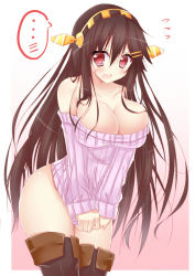 Rule 34 | 10s, 1girl, alternate costume, black hair, boots, breasts, bursting breasts, cleavage, clothes pull, commentary request, flying sweatdrops, hair between eyes, hair ornament, hairband, hairclip, haruna (kancolle), holding, kantai collection, large breasts, leaning forward, legs, long hair, looking at viewer, naked sweater, nervous, no panties, off-shoulder, off-shoulder sweater, red eyes, ribbed sweater, sakurapochi, solo, surprised, sweater, sweater pull, thigh boots, thigh gap, thighhighs