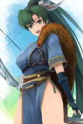 Rule 34 | 1girl, :d, absurdres, arrow (projectile), black gloves, blue dress, bow (weapon), breasts, cowboy shot, dress, fingerless gloves, fire emblem, fire emblem: the blazing blade, fire emblem heroes, gloves, green eyes, green hair, highres, labebebe lee, large breasts, long hair, lyn (fire emblem), nintendo, open mouth, pelvic curtain, ponytail, sash, side slit, smile, solo, standing, thighs, upper body, very long hair, weapon, yellow sash