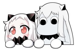 Rule 34 | (o) (o), 10s, 1girl, abyssal ship, black eyes, blush, collaboration, colored skin, covered mouth, horns, kantai collection, long hair, looking at viewer, mittens, muppo, northern ocean princess, peeking out, red eyes, sazanami konami, simple background, white background, white hair, white skin, yamato nadeshiko