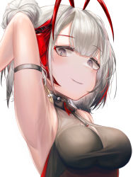 Rule 34 | 1girl, absurdres, aimpoleume, arknights, arm behind head, armpits, bare arms, bare shoulders, black dress, breasts, cleavage, cleavage cutout, clothing cutout, commentary, dress, grey eyes, grey hair, highres, horns, looking at viewer, medium breasts, parted lips, red horns, simple background, sleeveless, sleeveless dress, smirk, solo, upper body, w (arknights), white background