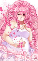 Rule 34 | 1girl, bare shoulders, belly, blush, breasts, cleavage, curly hair, dress, drill hair, felipone, gem, large breasts, lipstick, long hair, looking at viewer, makeup, medium breasts, parted lips, petals, pink eyes, pink hair, plump, rose quartz universe, solo, steven universe, very long hair