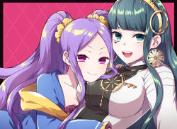 Rule 34 | 2girls, absurdres, breasts, cleopatra (fate), earrings, facial mark, fate/grand order, fate (series), green eyes, green hair, hairband, head on chest, highres, jewelry, large breasts, long hair, multiple girls, pendant, purple eyes, purple hair, scrunchie, smile, twintails, uto hyou, wu zetian (fate)