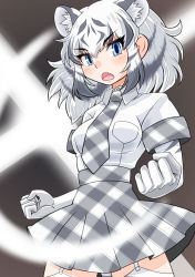 Rule 34 | 10s, 1girl, animal ears, animal print, aotukidenjyurou, black hair, blue eyes, clenched hand, cowboy shot, elbow gloves, fang, garter straps, gloves, kemono friends, looking at viewer, multicolored hair, necktie, open mouth, plaid, plaid necktie, plaid neckwear, plaid skirt, pleated skirt, shirt, short hair, short sleeves, skirt, solo, thighhighs, tiger ears, white gloves, white hair, white shirt, white thighhighs, white tiger (kemono friends), white tiger print
