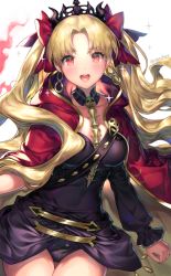 Rule 34 | 1girl, bad id, bad pixiv id, black dress, black leotard, blonde hair, blush, breasts, cape, chain, collarbone, detached collar, dress, earrings, ereshkigal (fate), fate/grand order, fate (series), hair ribbon, hip focus, jewelry, leotard, long hair, looking at viewer, medium breasts, open mouth, parted bangs, red cape, red eyes, red ribbon, ribbon, sencha (senchat), simple background, single sleeve, skull, solo, sparkle, tiara, tohsaka rin, two side up, white background