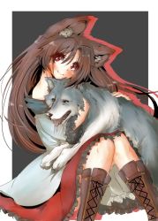 Rule 34 | 1girl, animal, animal ear fluff, animal ears, bare shoulders, boots, brown footwear, brown hair, closed mouth, cross-laced footwear, fang, fang out, grey background, head tilt, highres, imaizumi kagerou, knees together feet apart, lace-up boots, long hair, looking at viewer, off shoulder, petting, red eyes, red skirt, shirt, sitting, skirt, smile, solo, tail, tikano, touhou, two-tone background, white background, white shirt, wolf, wolf ears, wolf tail