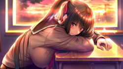 Rule 34 | 1girl, amakano 2, azarashi soft, black hair, blush, breasts, chair, classroom, closed mouth, desk, evening, female focus, game cg, high ponytail, highres, indoors, kurohime yuuhi, large breasts, long hair, looking at viewer, piromizu, red eyes, school uniform, sitting, solo, upper body, window